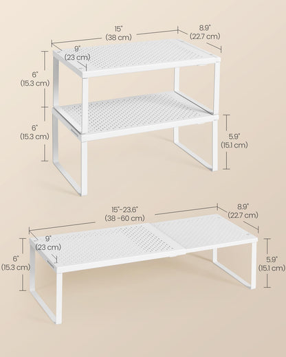 SONGMICS Set of 2 Expandable Pantry Kitchen Organizers, Adjustable Spice Rack, Stackable Cabinet Organizers, Metal, Space-Saving Tabletop Shelves, Matte Black UKCS402B01