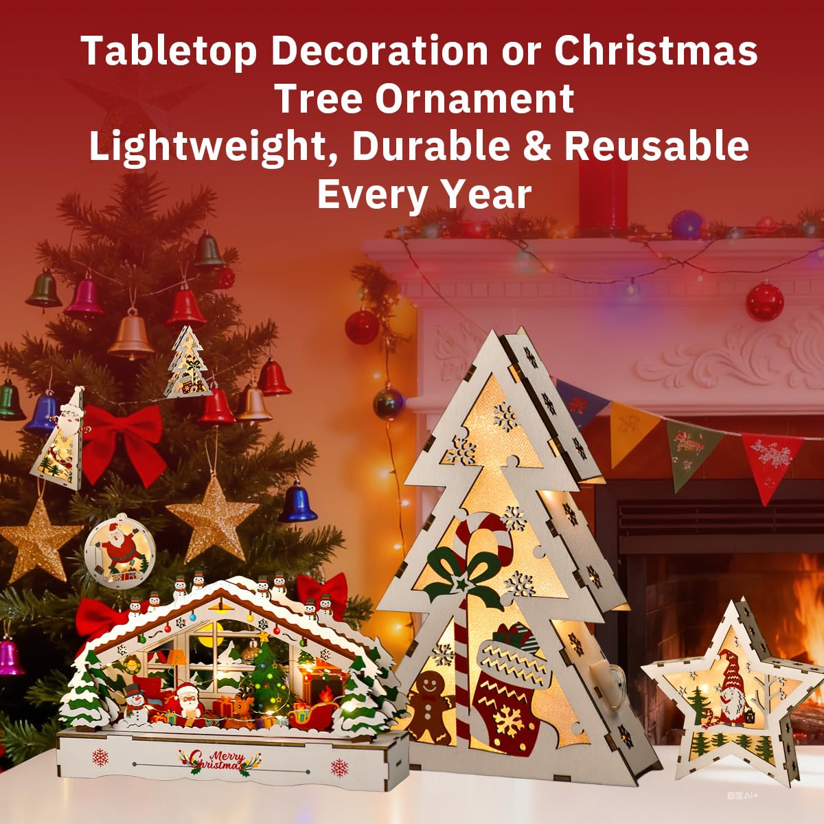 Wooden Christmas Ornaments DIY 3D Puzzle Kit, Pre-Printed Christmas Decoration Craft Kits, Hanging & Tabletop Xmas Creative Craft Activity (Star, Xmas Tree, House & Round Shapes)