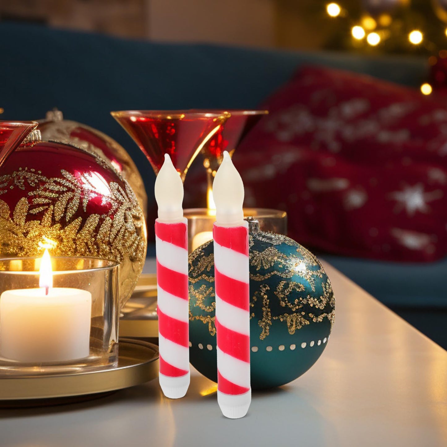 UPKOCH 6pcs Flameless Taper Candles, Candy Cane Candle Red and White Striped Christmas Flameless Candy, Batteryated Led Wicks, Warm White Light for Xmas Wedding Birthday Party Home Decor