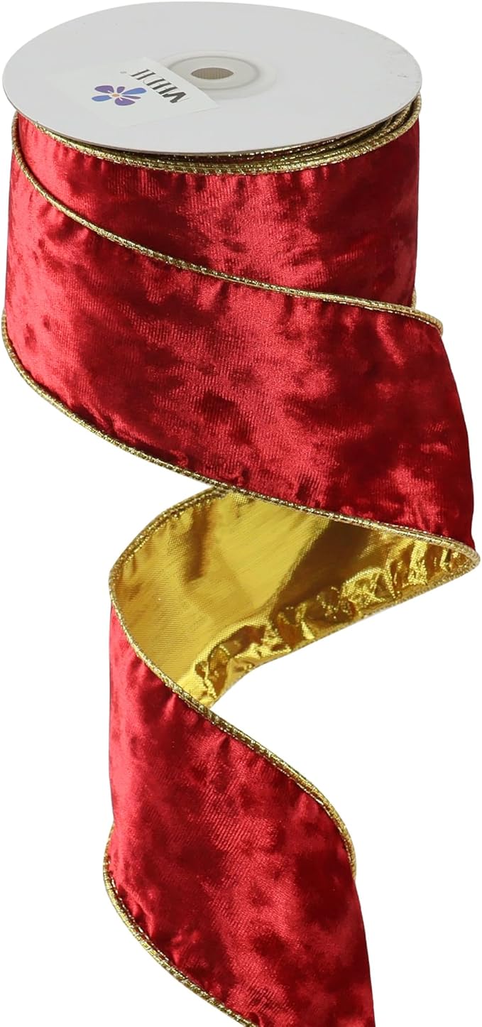 MEEDEE Red Velvet Wired Ribbon 2.5 Inch 10 Yards Double Sided Gold & Red for Christmas Tree, Wreath & Crafts