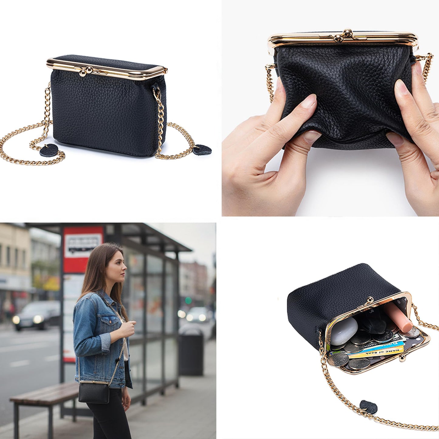 Fashion Crossbody Coin Purse for Women Small Credit Card Holder Wallet with Chain Leather Compact Wallet for Cash, Keys, Lipstick (Black)