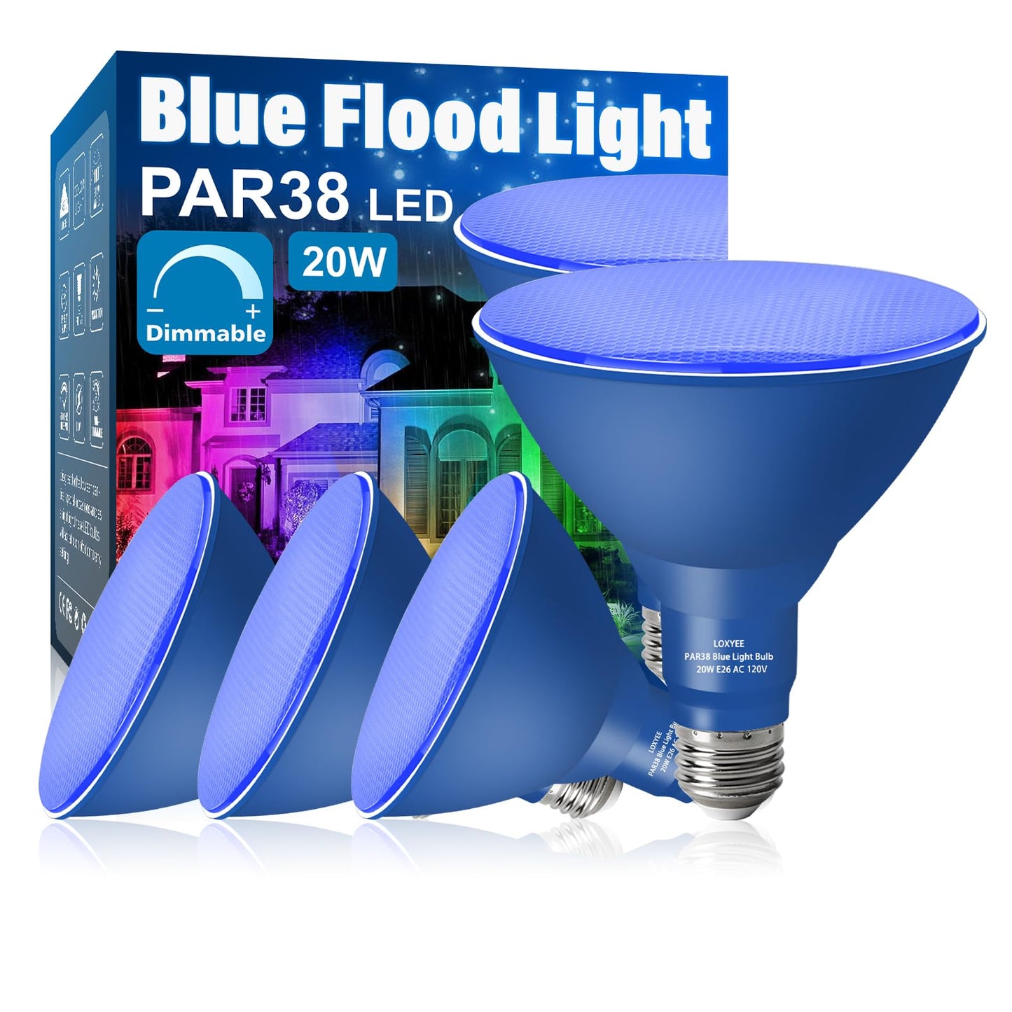 LOXYEE PAR38 Flood Blue Light Bulbs,4 Pack Dimmable,E26 Base Blue Flood Light Outoor(20W Replace to 200W),Halloween Light Bulb for Outside,Christmas,Holiday Lighting