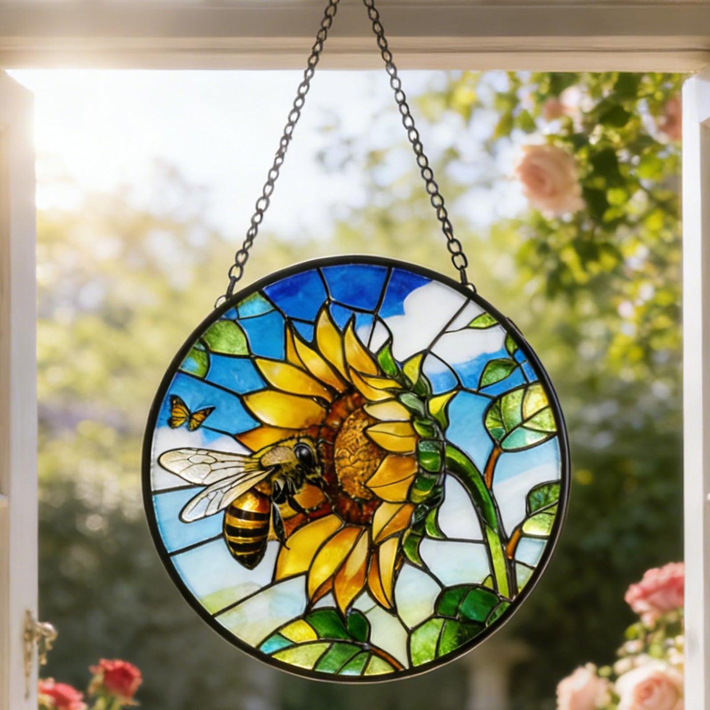 NGOKPYD Stained Glass Window Hanging Sun Catcher Garden Decor Sunflower Flower and Bees on a Branch for Window Doors Home Decoration and Christmas, Mother's Day Birthday Gifts for Women Men Mom 7.8 in