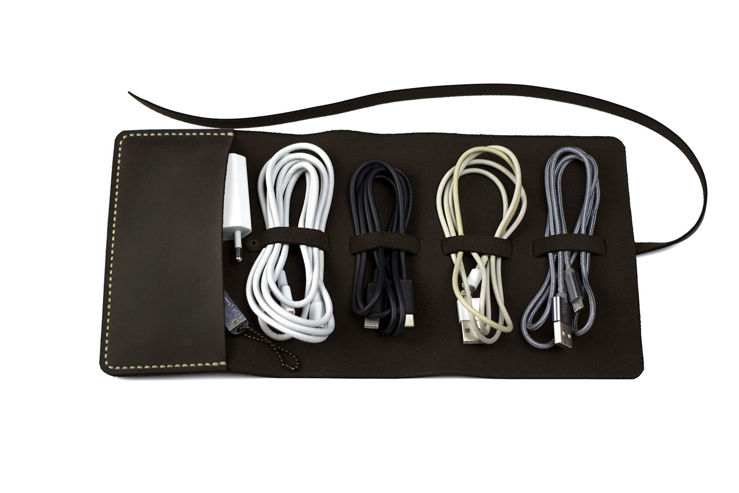 Leather Cord Organizer Wrap for Cables - Brown