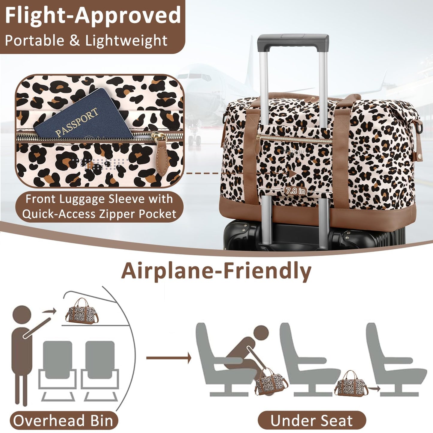 ELONGRIVER Travel Duffle Bag for Women, Weekender Bags, Hospital Bag for Labor Delivery, Lightweight Tote Duffel Overnight Bag with Luggage Sleeve, Airplane Travel Bags with Toiletry Bag,Large,Leopard