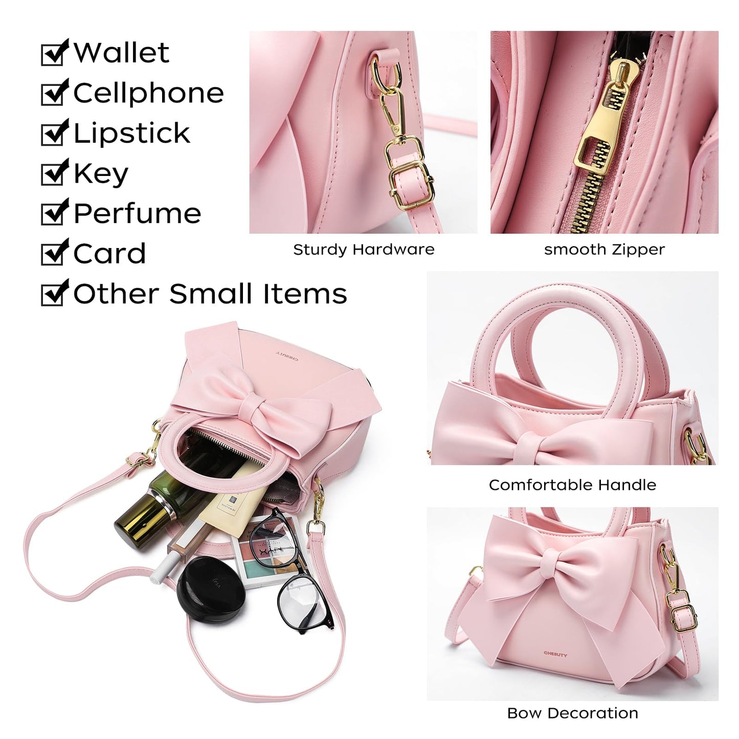 Small Purses for Women Crossbody Bag, Vegan Leather Crossbody Purses and Handbags with Top Carry Handle and Cute Bow Knot(Pink)