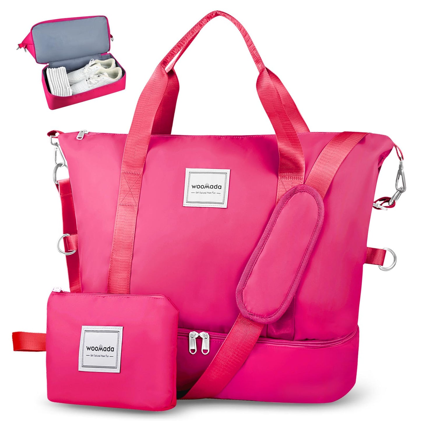 WOOMADA Weekender Bag for Women, Travel Duffel with Shoe Compartment & Wet Pocket, Personal Item & Overnight Bag for Airlines, Sport Gym Tote (Hot Pink)