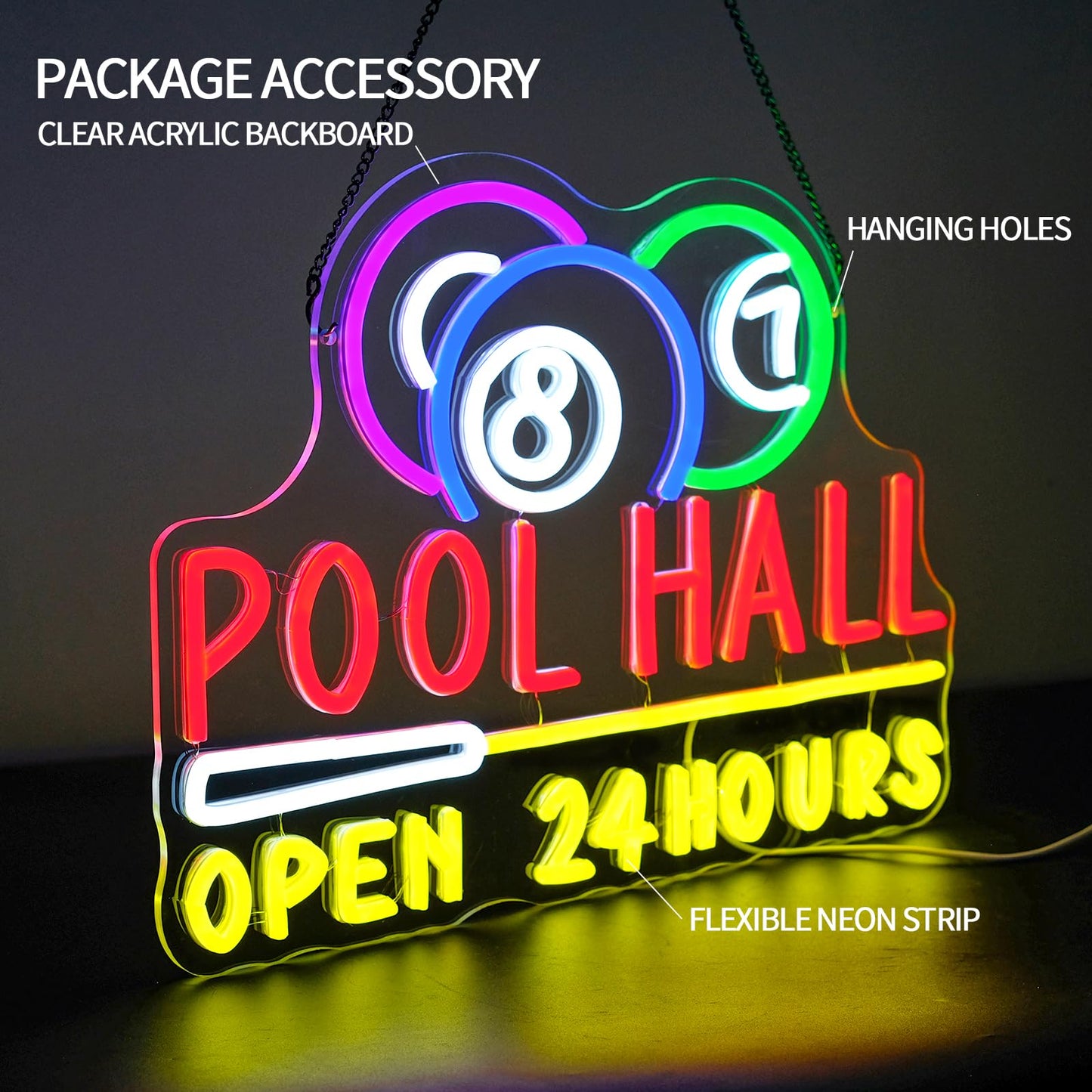 Runalosa Pool Hall Open 24 Hours Neon Sign Dimmable Billiards Neon Light Sign for Wall Decor Snooker Led Signs for Home Bar Game Room Party Man Cave Club Business Decor Gift for Man 16.5" x 12.3"
