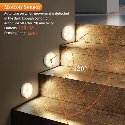 Warm Color LED Closet Lights Wireless Motion Sensor Step Light, USB Rechargeable Battery Operated Puck Lights with Remote, Dimmable Under Cabinet Counter Lighting for Wardrobe Kitchen (3 Pack)