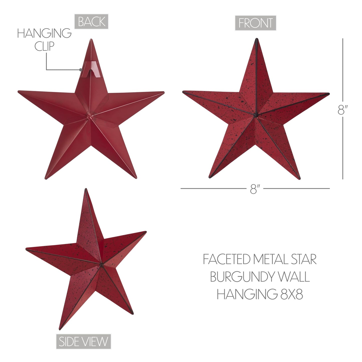 VHC Brands Patriotic Faceted Metal Star Wall Hanging 8x8, Distressed Appearance, Burgundy, Independence Day Decor