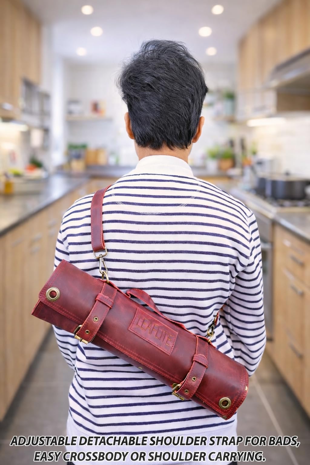 Leaflite Leather Knife Roll Bag – Chef Knife Bag with 7 Pockets – Durable Crazy Horse Leather Knife Roll for Professional Chefs – Portable Knife Storage Case