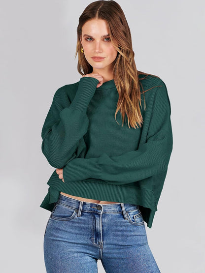 ANRABESS Womens Cropped Sweaters Oversized Crewneck Long Batwing Sleeve Side Slit Ribbed Knit Pullover Tops 2025 Fall Clothes