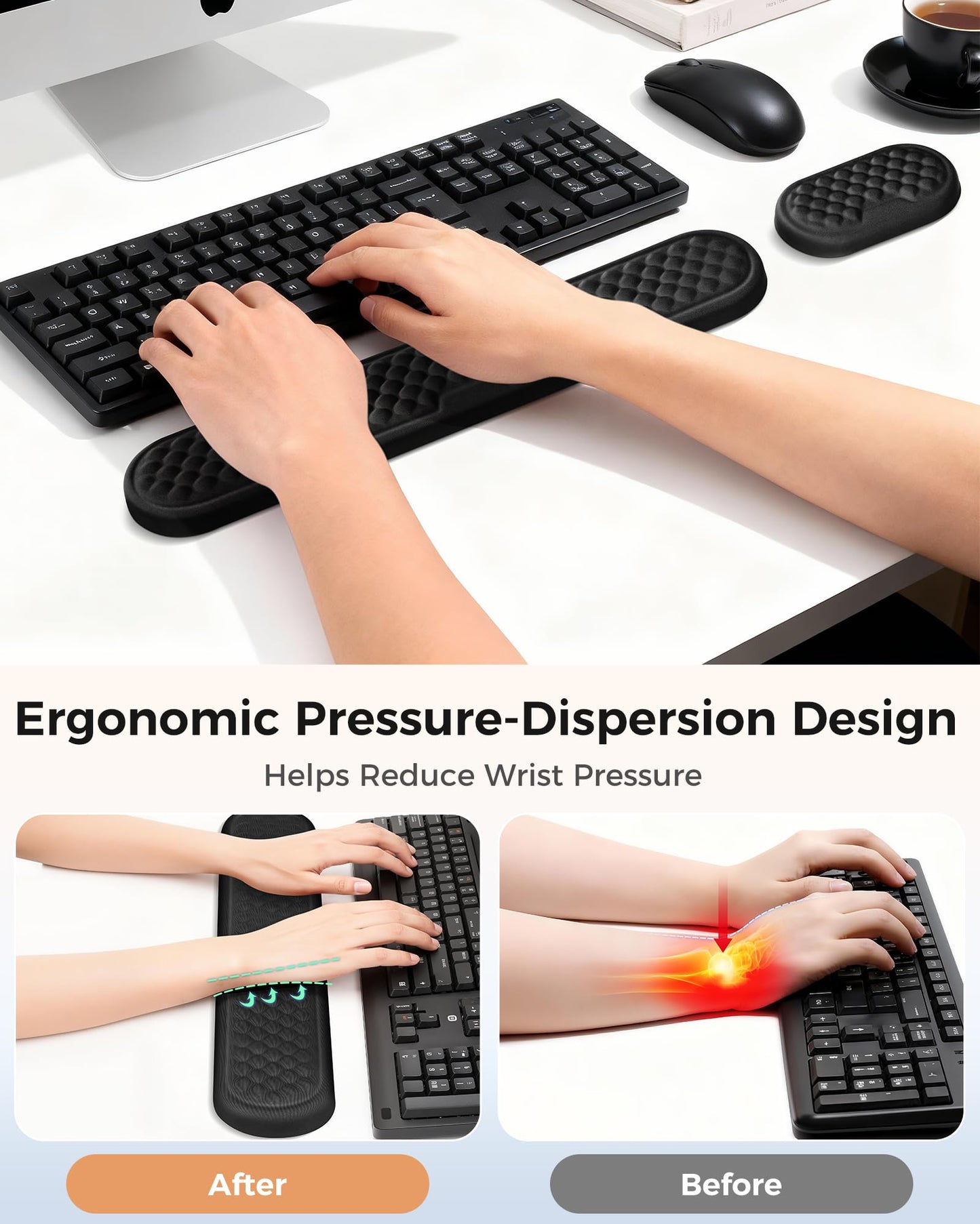 Wrist Rest Set for Keyboard and Mouse, Ergonomic Wrist Support with Memory Foam, Silky Lycra Cover, Non-Slip Base, Helps Ease Wrist Pressure and Fatigue During Long Typing and Gaming Sessions (Black)
