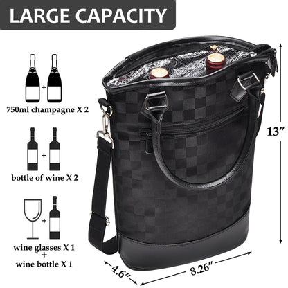 Tirrinia Insulated Wine Gift Carrier Tote - Travel Padded 2 Bottle Wine/Champagne Cooler Bag for Portable Wine Bottle Carrying Case, Women Men Wine Party Bag for Event,BYOB,Beach, Gift for Wine