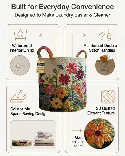 Quilted Laundry Basket with Handles Collapsible Storage Hamper 3D Embossed Design Waterproof Pe Liner Large Capacity Foldable Organizer for Bedroom Nursery Bathroom Polyester Cotton(#g,L)
