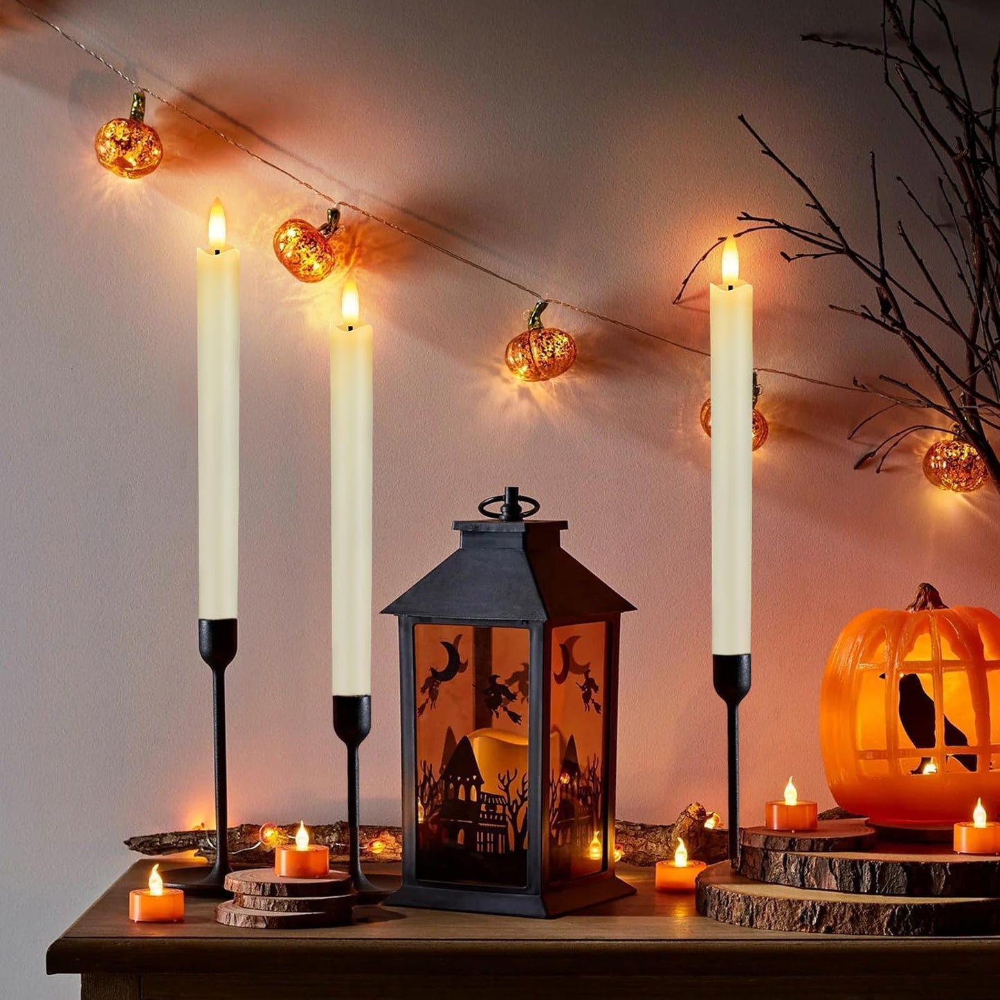 HINZER 6 Pcs Flameless Taper Candles with Remote & Timer 9.6 inch Real Wax Battery Operated LED Warm 3D Wick Flickering Window Candles for Halloween Christmas Wedding Decor, Ivory