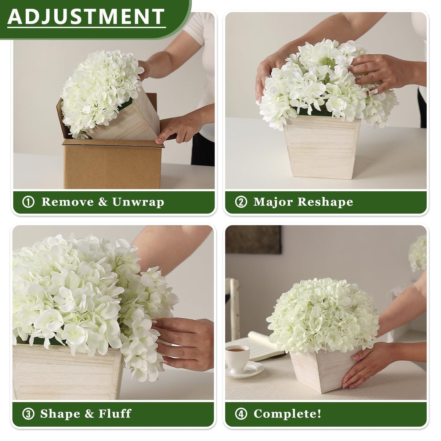 YXZZWL 10" Artificial Hydrangea Arrangement in Planter for Table Centerpiece, Lifelike Fake Hydrangea Potted Plant, Silk Faux Flowers in Wood Planter for Farmhouse Home Office Shower Decor (White)