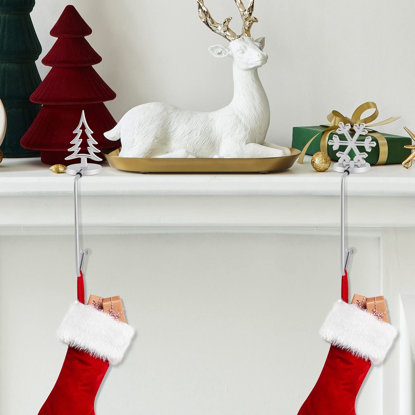 URATOT Pack of 5 Christmas Stocking Holders Mantel Stocking Hangers Fireplace Stocking Hooks in 5 Designs for Christmas Decoration, Silver