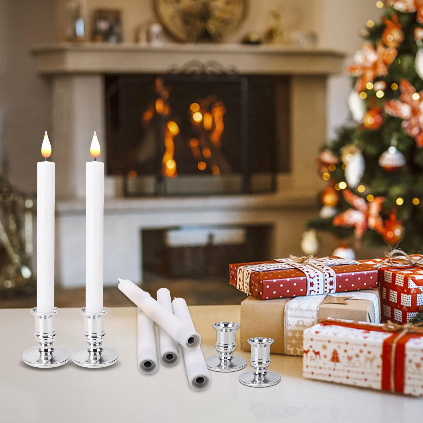 Bolamp LED Flameless Window Candles with Remote Timer Sliver Base 10 PCS Battery Operated Flickering Taper Candle Lights with Removable Candle Holders Best Gift for Xmas Wedding Home Dinner Décor