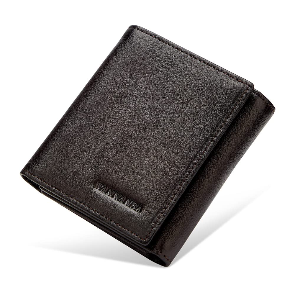 VANNANBA Men's Leather Trifold Wallet with Folded ID Windows,12 Card Slots & 2 Note pockets(Dark Brown)