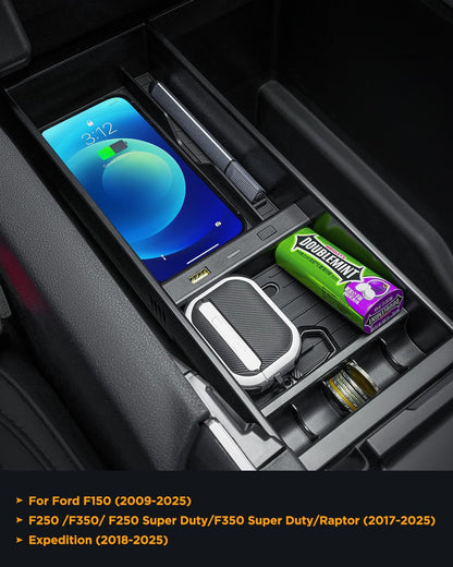 CarQiWireless Wireless Charger for F150 2009-2023 2024 2025, Center Console Organizer Box for Ford F150 Accessories F-150 2009-2014 2015 2016 2017 2018 2019 2020 2021 2022 2023 2024 2025
