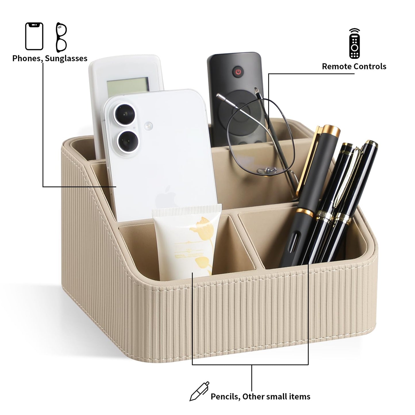 Cretkhp Remote Control Holder with 4 Compartments, PU Leather Small Nightstand Organizer for Home Desk Accessories Office Supplies, Multifunctional Stylish Small Bedside Desktop Organizers (Beige)