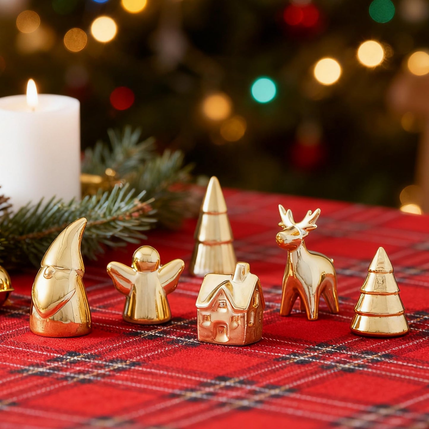 WDS WONDROUS Mini Christmas Figurines Set, 6 Pcs Miniature Christmas Village Houses Set with House, Reindeer, Trees, Angel, Santa - Mini Xmas Figurines Decor for Tiered Tray, Mantel, Centerpiece