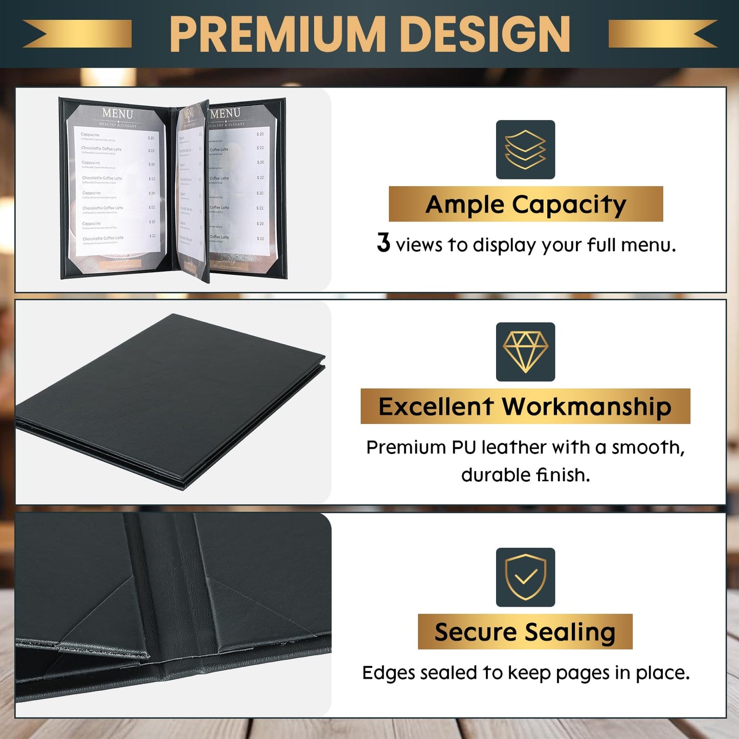 AMGSH 4 View 10 Pack Menu Holder Menu Covers 8.5" x 11" | Certificate Holder Diploma Holder Black Leather Menu Sleeves Book Style for Restaurant Coffee Bars Wine List Fit for Letter Size Paper