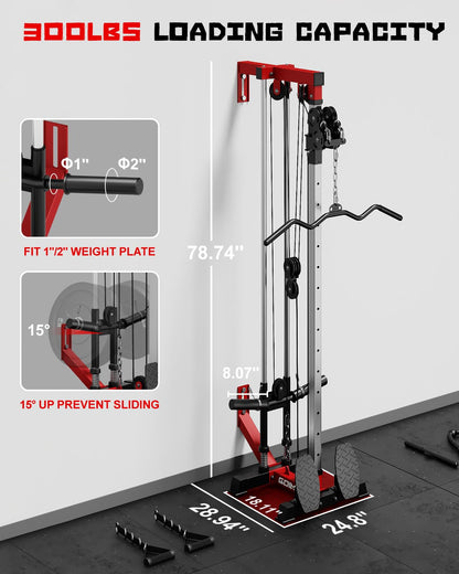 Goimu Wall Mount Cable Station, WM1 Cable Crossover Machine with 17 Positions, High and Low Cable Crossover Machine with Removable Footplate for Garage Home Gym (WM1 Cable Station RD)