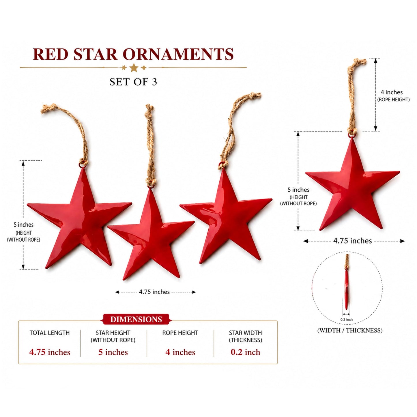Hanging Star Wall Decor Set of 3 – Red Metal Hanging Star with Rope – Farmhouse Rustic Home & Christmas Decoration for Door, Wall & Window (5 x 5 x 10.2 Inches) (Red)