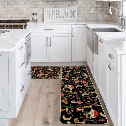 Artoid Mode Black Mushrooms Butterfly Spring Kitchen Mats Set of 2, Home Decor Low-Profile Kitchen Rugs for Floor - 17x29 and 17x59 Inch