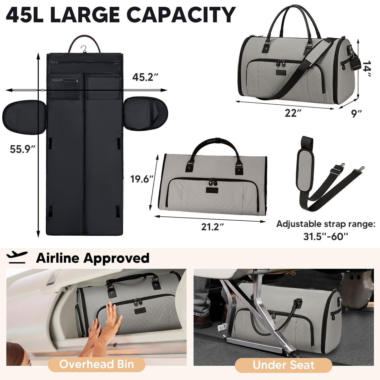 Vessgra Garment Bag for Airplane Travel, Carry On Garment Duffle Bags for Women, 2 in 1 Travel Suit Bag with Shoes Compartment Carry on Bag Hanging Garment Bag Travel with Shoulder Strap,Grey