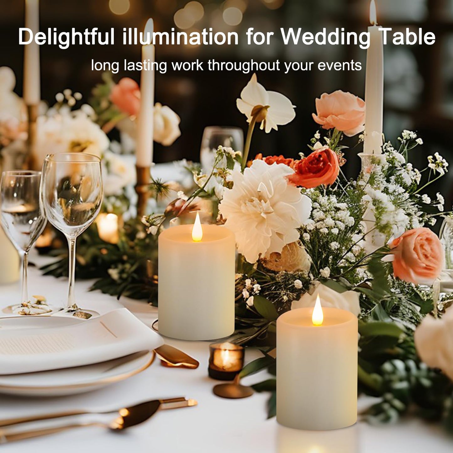 Tediselu Flickering Flameless Candles with 3D Moving Flame, Real Wax Battery Operated Candles with Timer and Remote, Last 600+ Hours, 3" x 4" LED Fake Candles for Home Wedding Christmas Decor, 2 Pack