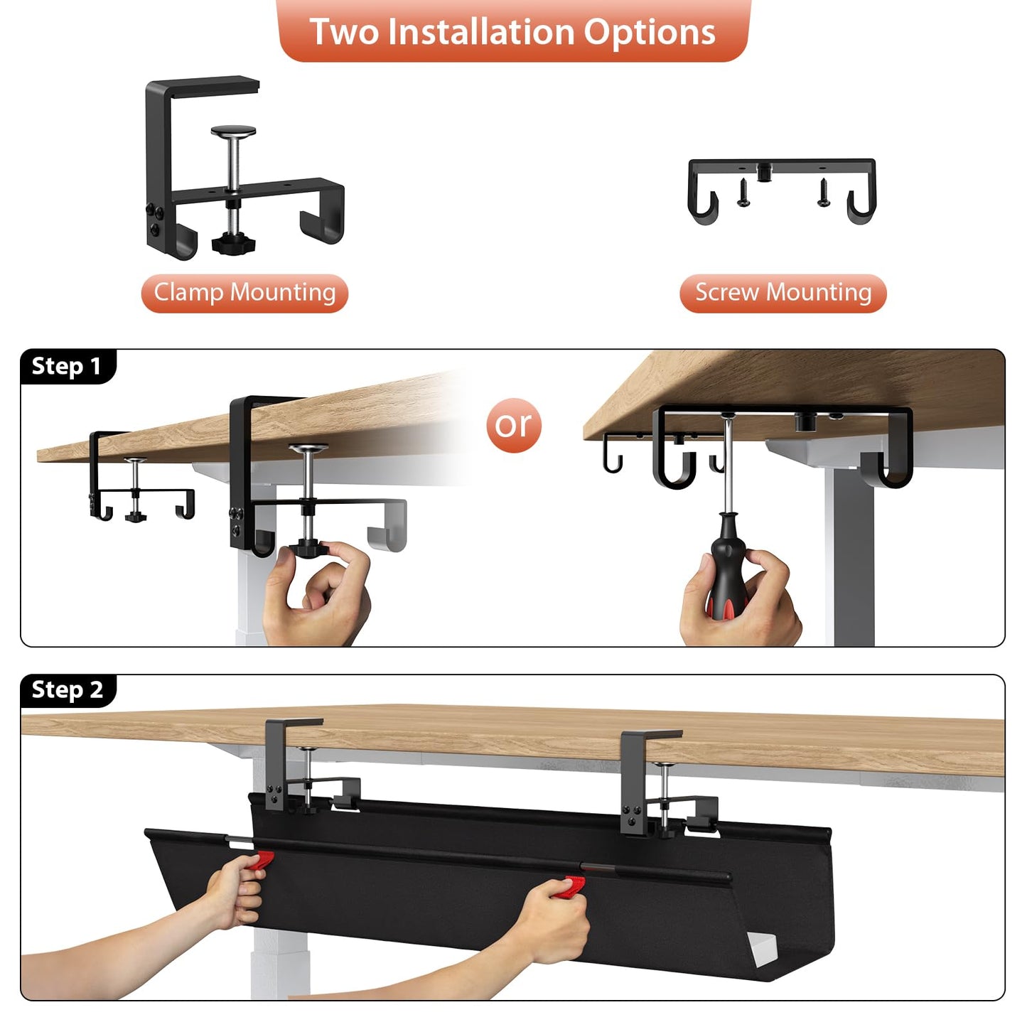 Univivi No Drill Under Desk Cable Management Tray, 36" Cord Organizer for Table, Clamp/Screw Mount Desk Cable Management, Premium Fabric Cable Management Tray for Office, Home