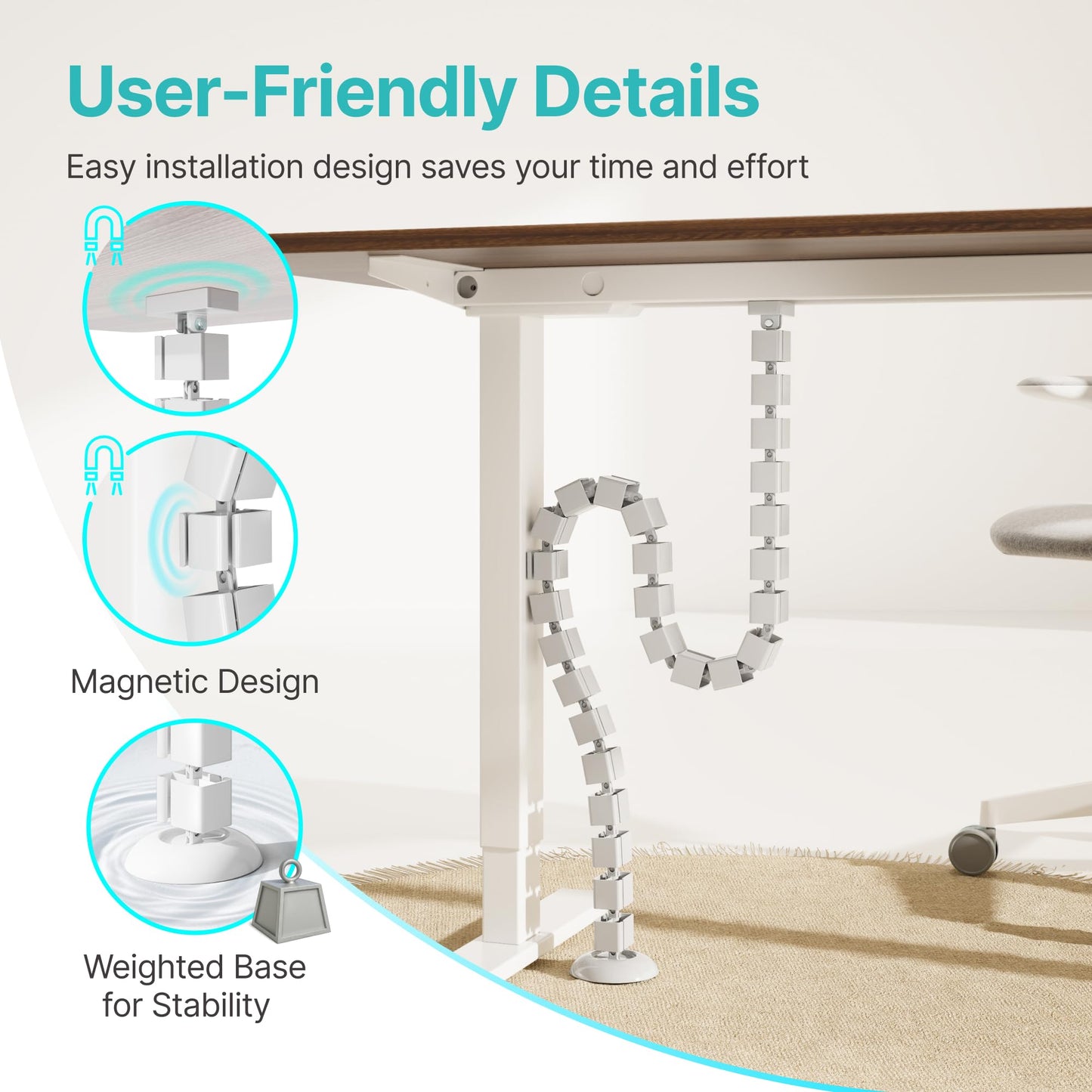 PEGZONE Under Desk Cable Management Spine – Flexible Cable Snake Organizer for Standing Desk, Tool-Free Magnetic Vertebrae Wire Management for 0.4"-2" Table, White