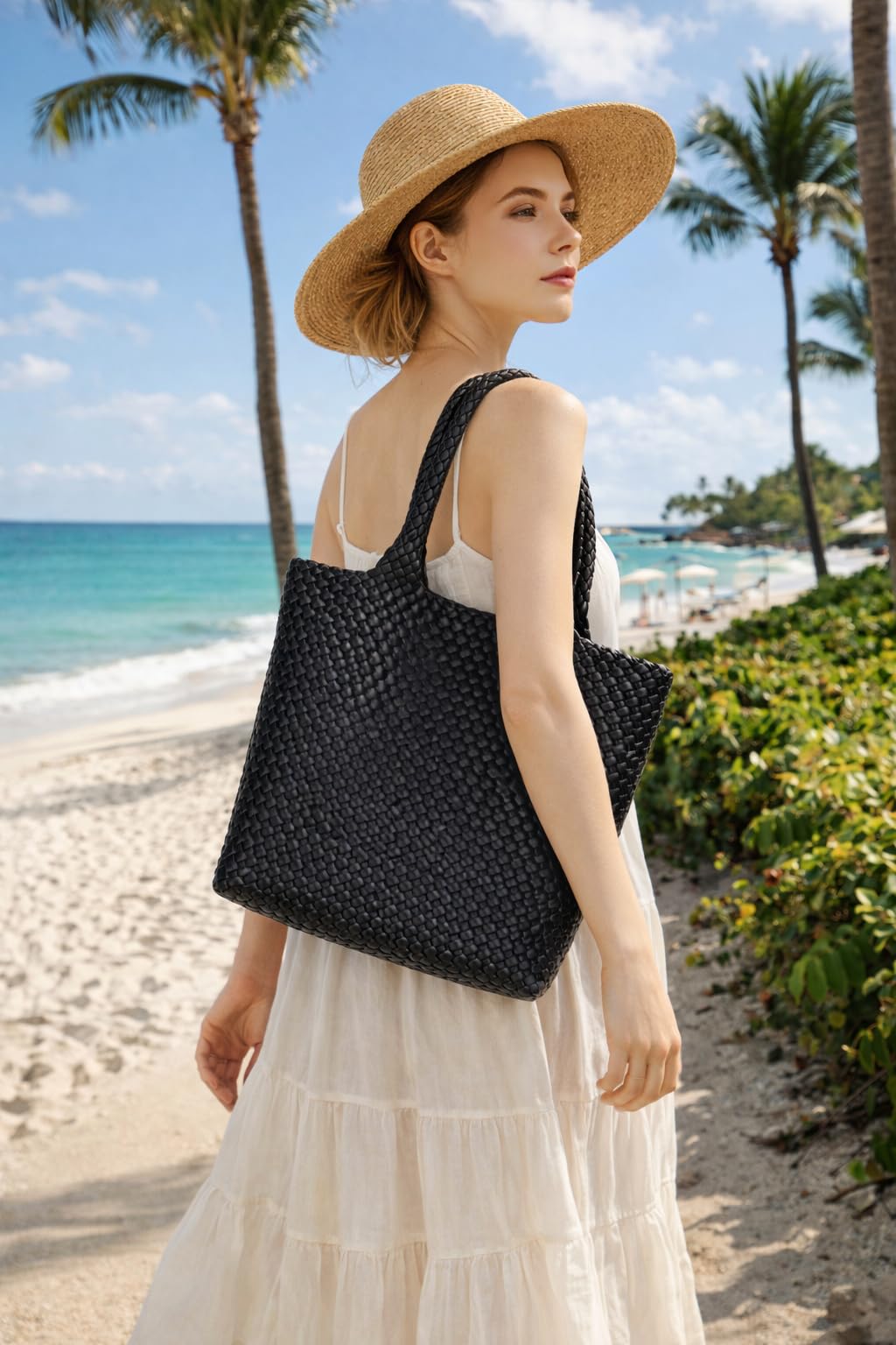 BAGOK Woven Tote Bag for Women, Handwoven Vegan Leather Shoulder Bag with Zipper Clutch, Large Tote Purse for Work, Travel, Beach & Weekend Getaway