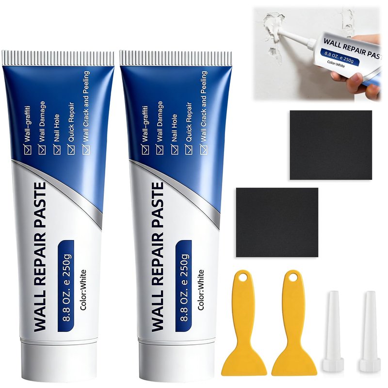 Drywall Repair Kit, 2 Pcs Spackle Wall Repair Kit, New Wall Crack Repair Paste, Wall Repair Paste Tube with Scraper/Sandpaper, Effective Repair of Scratches, Holes, Cracks and Wall Graffiti (2*250g)
