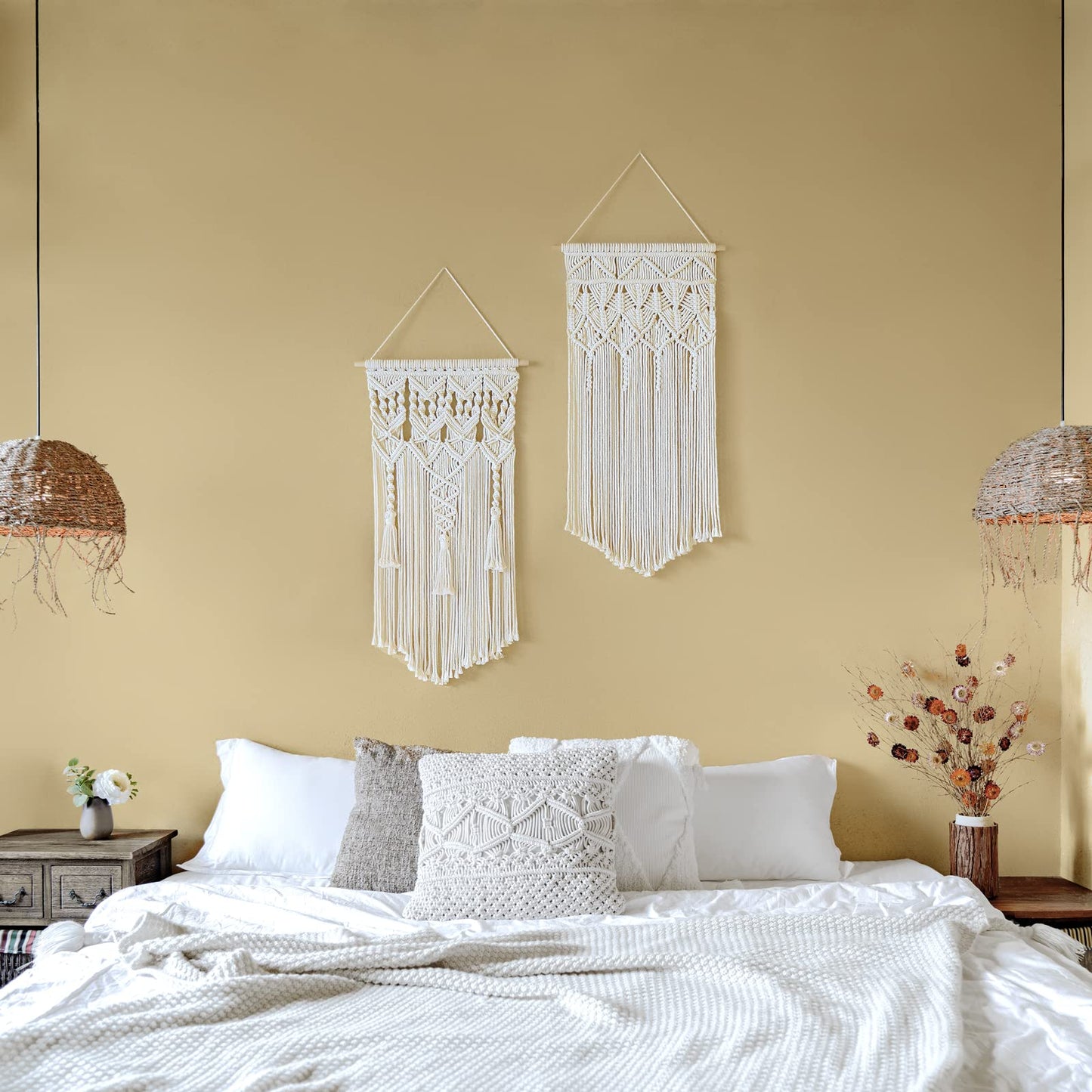Mkono 2 Pcs Macrame Woven Wall Hanging Boho Chic Geometric Art Decor - Beautiful Bedroom Nursery Apartment Home Decoration, Gift for Girls Adults Birthday Christmas, 32" L x 16.5" W