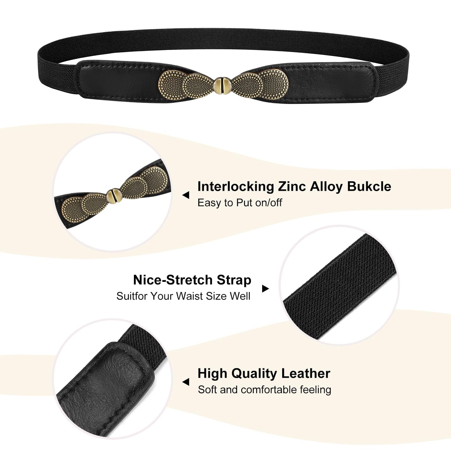 JASGOOD Women Skinny Elastic Stretch Belts for Dresses Retro Ladies Waist Vintage Thin Belts 2 Pack, Brown+ Black