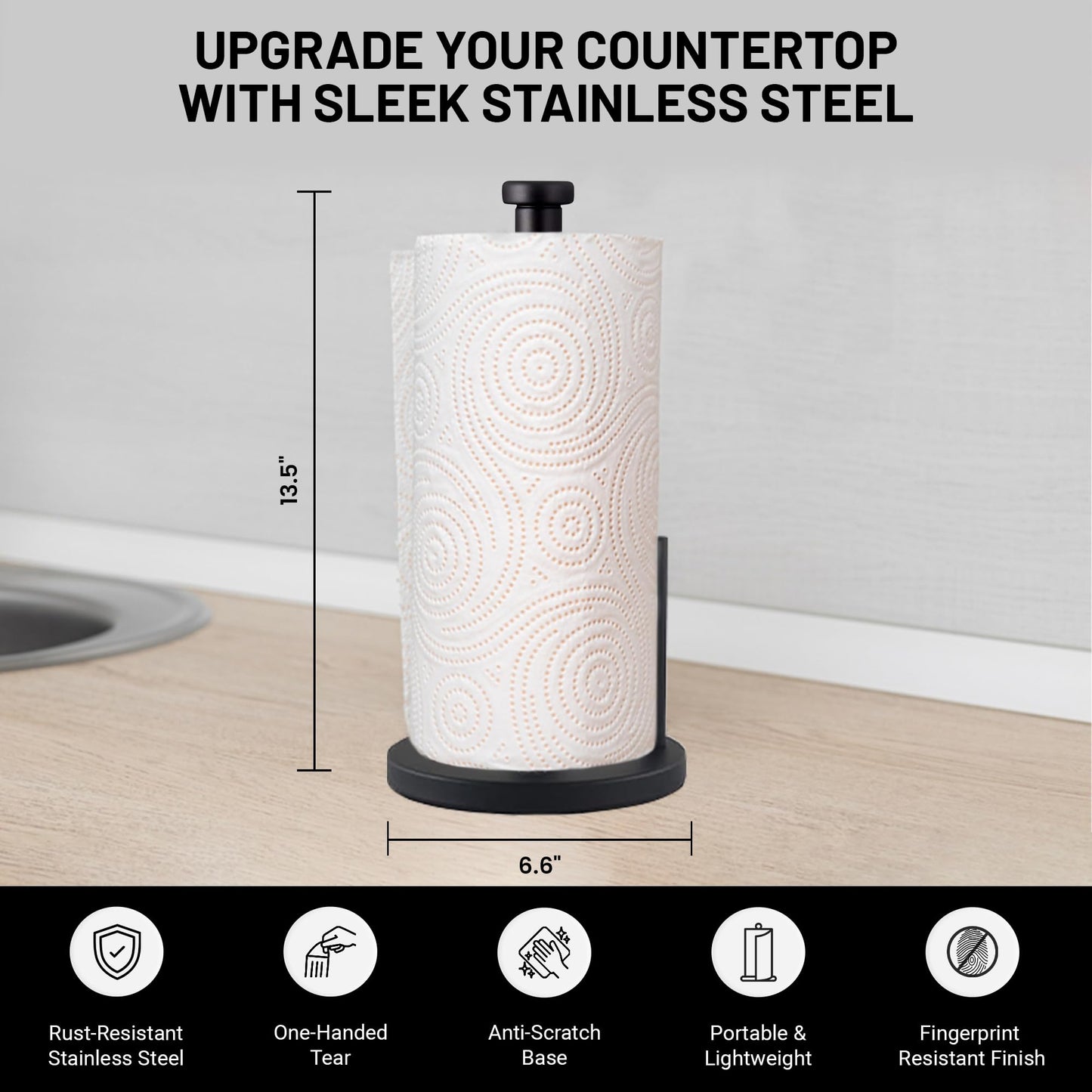 Steelware Central Black Paper Towel Holder Countertop Stainless Steel Paper Towel Stand with Weighted Non-Slip Base One-Handed Tear, Rust-Resistant Kitchen Roll Holder, Standard, Jumbo & Large Rolls