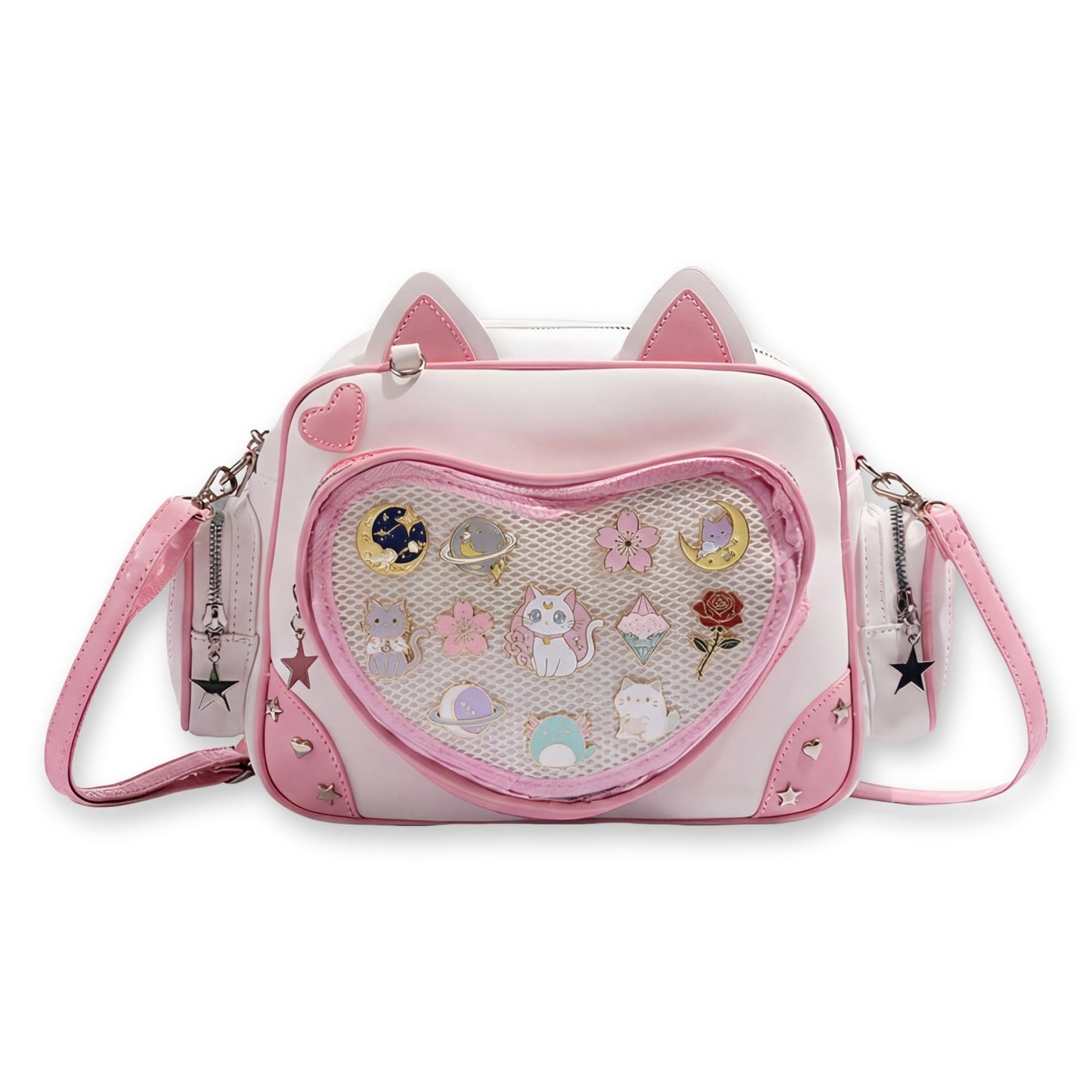 SUSTRALO Pink Cat Ita Bag Backpack with Insert, Kawaii Heart Clear Window Pin Display Backpack, Convertible PU Leather Ita Shoulder Crossbody Bag for Anime Collection