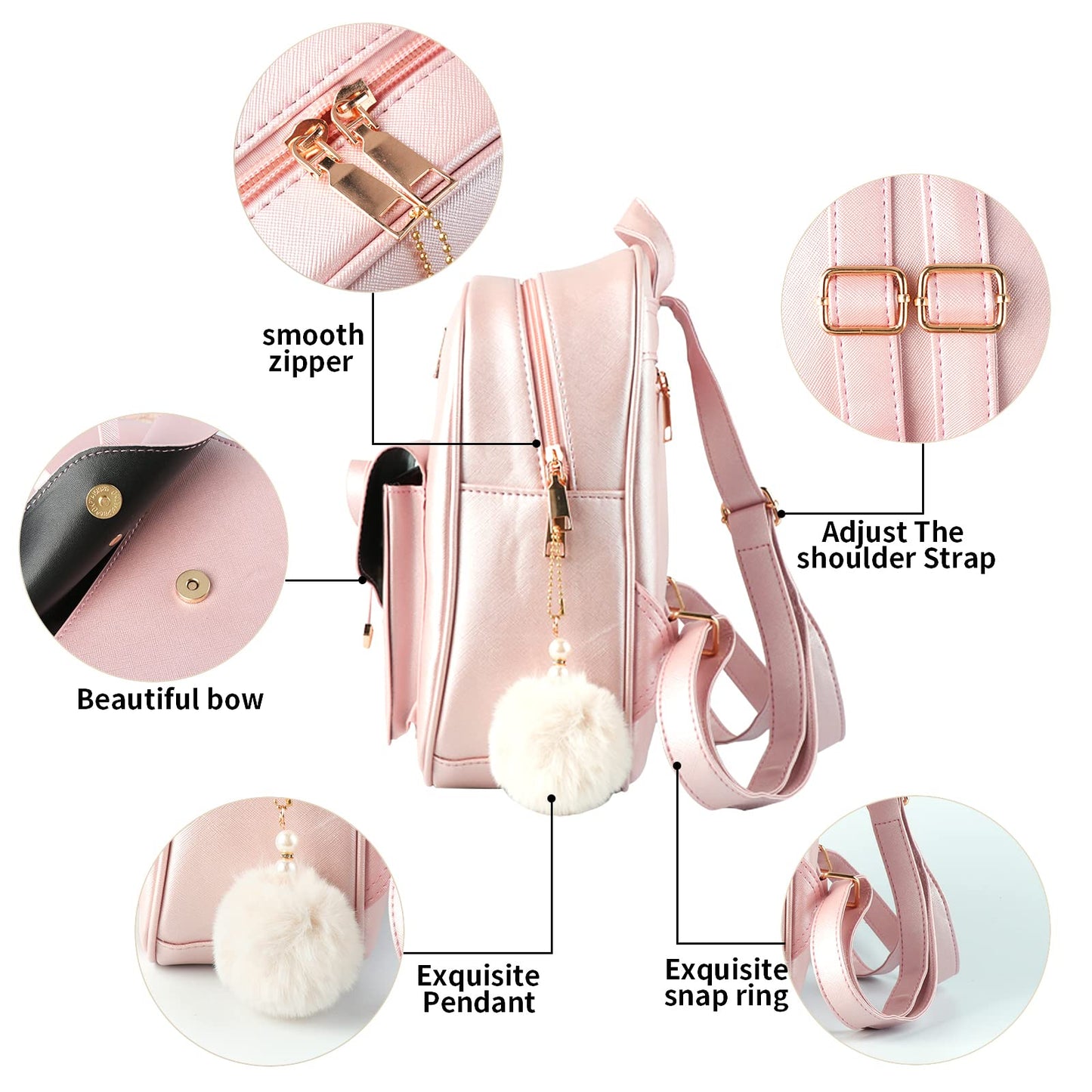 Aogist Mini Leather Backpack Purse 3-Pieces Fashion Bowknot Zipper Bags Cute Casual Travel Daypacks for Women (Pink)