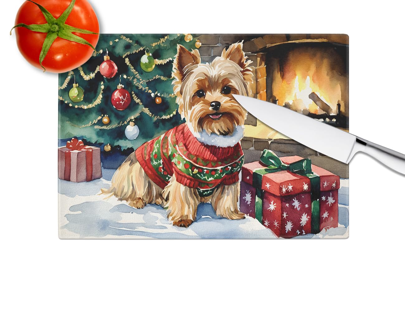 Caroline's Treasures DAC2768LCB Yorkshire Terrier Cozy Christmas Glass Cutting Board Large Decorative Tempered Glass Kitchen Cutting and Serving Board Large Size Chopping Board