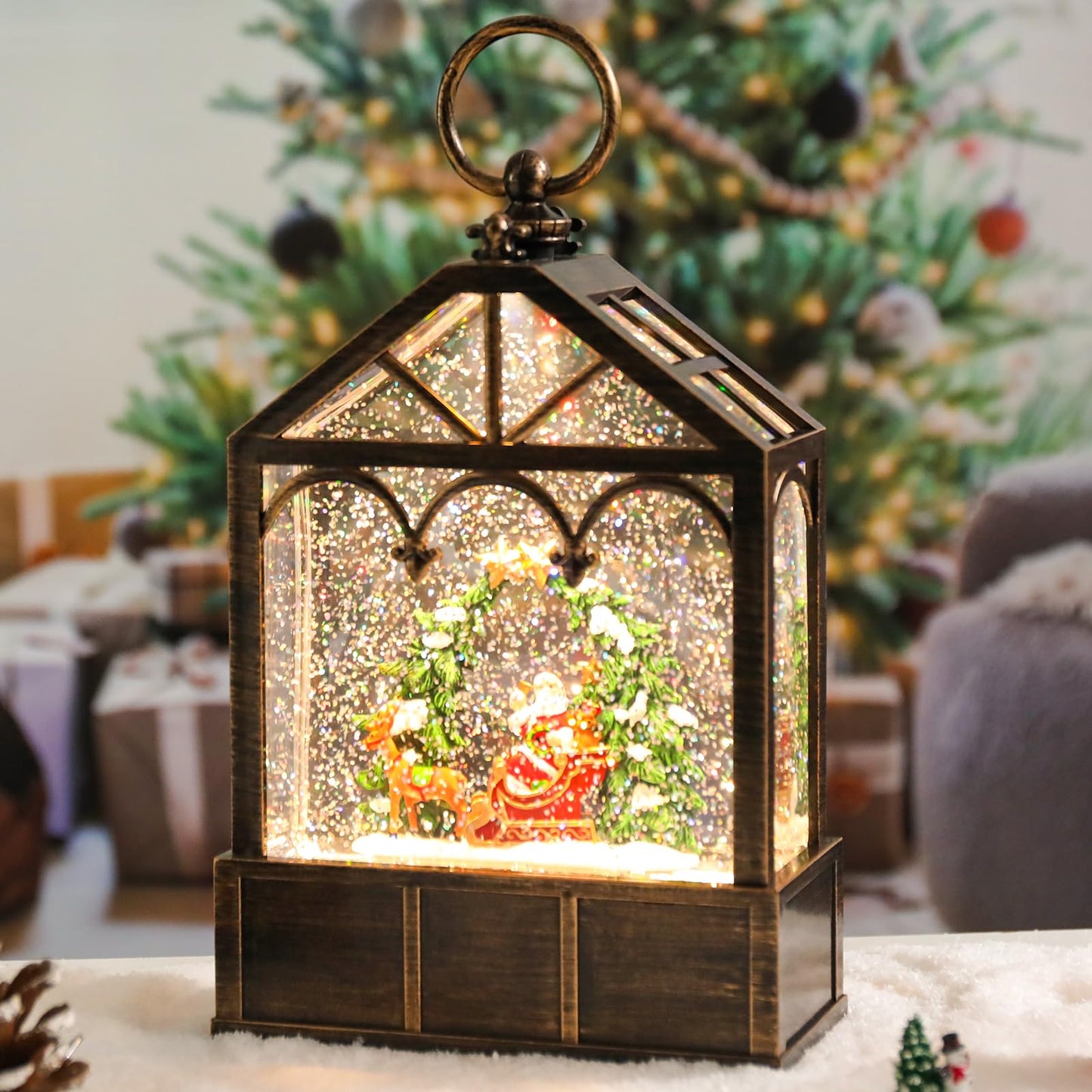 Christmas Snow Globes Musical Lantern Snow Globe Santa Clause Reindeer Sleigh Water Snow Globe Glittering Portable Hanging Tabletop Decorative Lantern Christmas Home Décor
