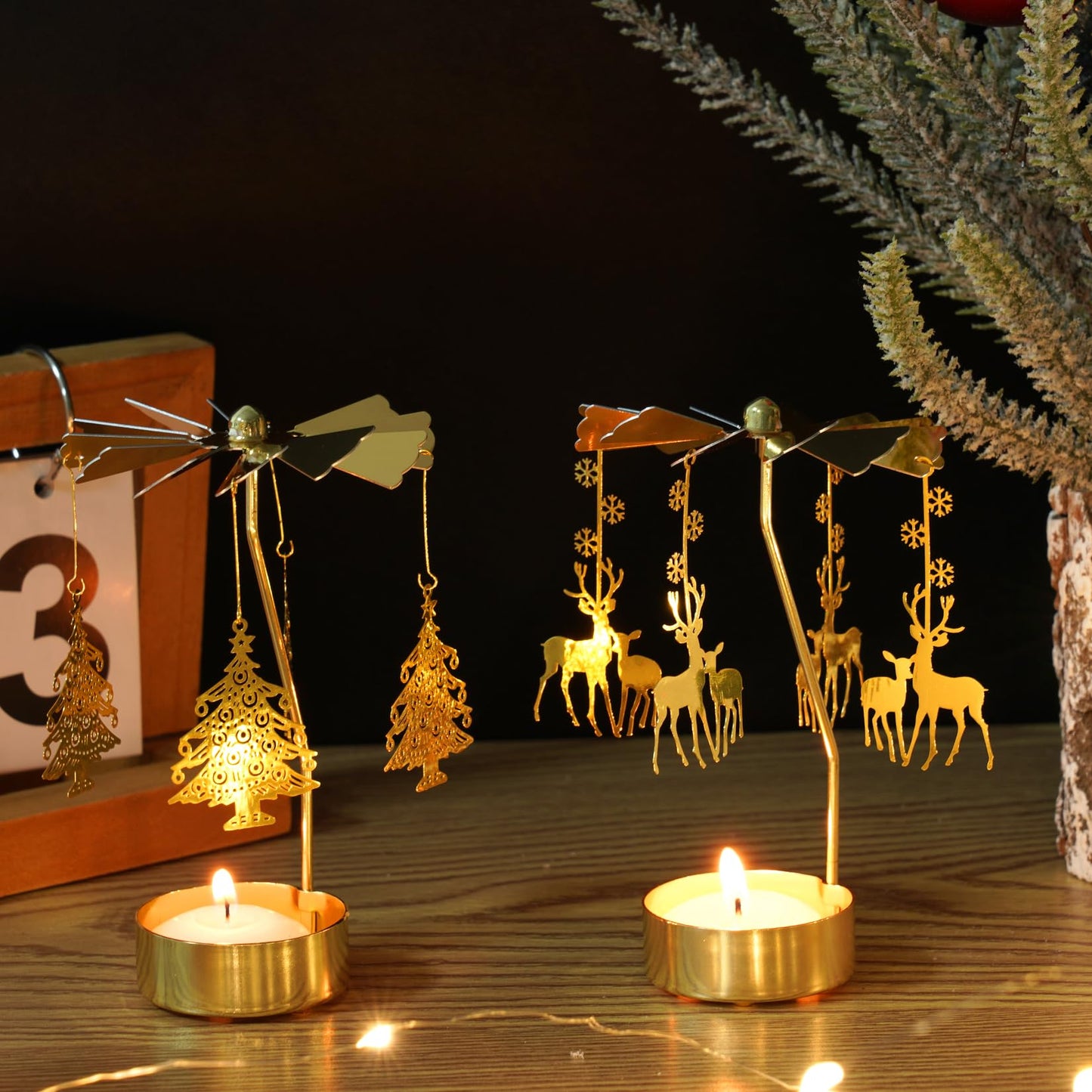 2Pcs Rotary Candle Holder Spinning Tea Light Candle Holder Gold Christmas Tree & Reindeer Style Metal Rotating Candlestick