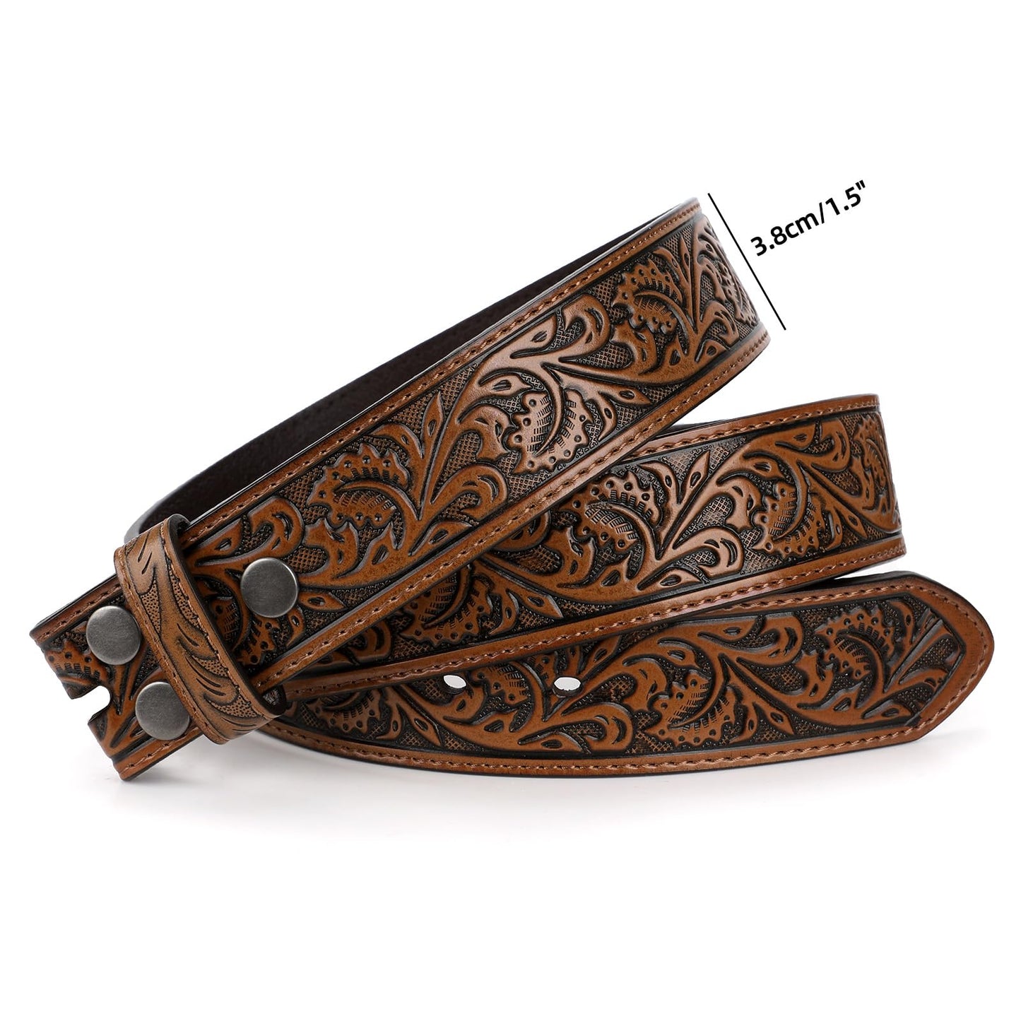 TRIWORKS Western Belt Strap for Men without Buckle 1.5" Wide Floral Engraved Embossed Leather Belt Strap