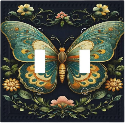 Butterfly Ornate with Flower Light Switch Covers Double Toggle 2 Gang Wall Plate Dual Decorative Switchplate Electrical Faceplate for Farmhouse Decor