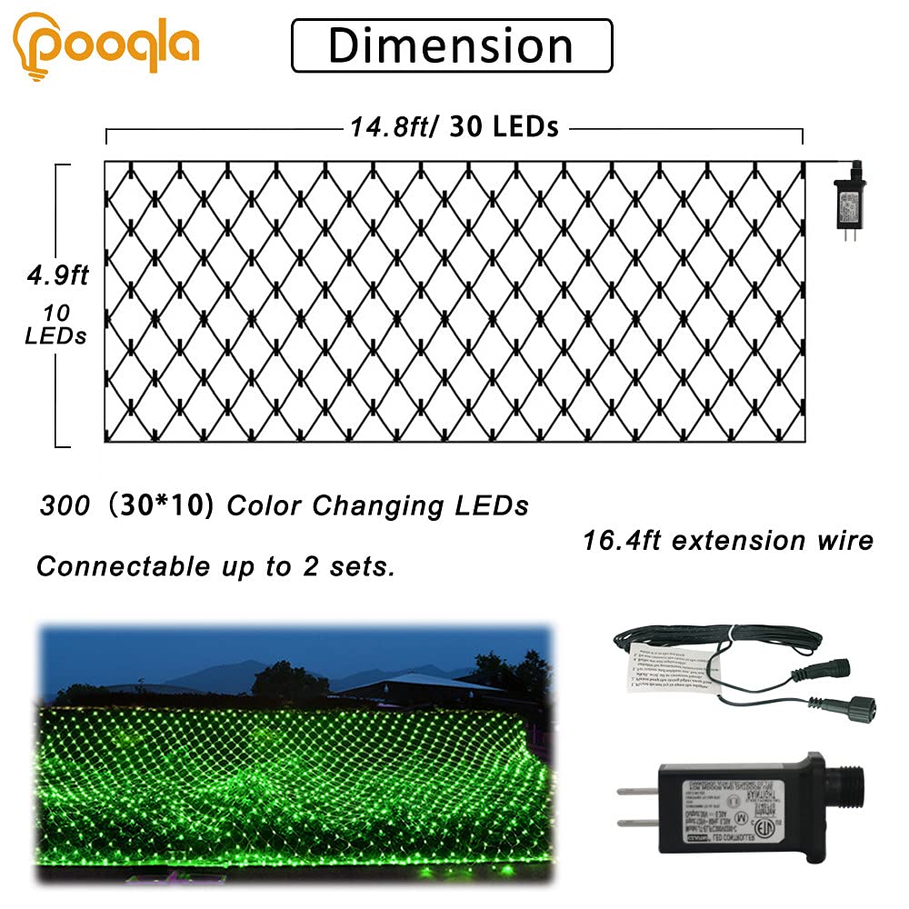 Pooqla 14.8x4.9 ft Net Lights, 300 LED Outdoor Green Halloween Lights with 8 Lighting Modes, Connectable Waterproof Mesh String Fairy Light for Bushes Tree Garden Christmas Decor