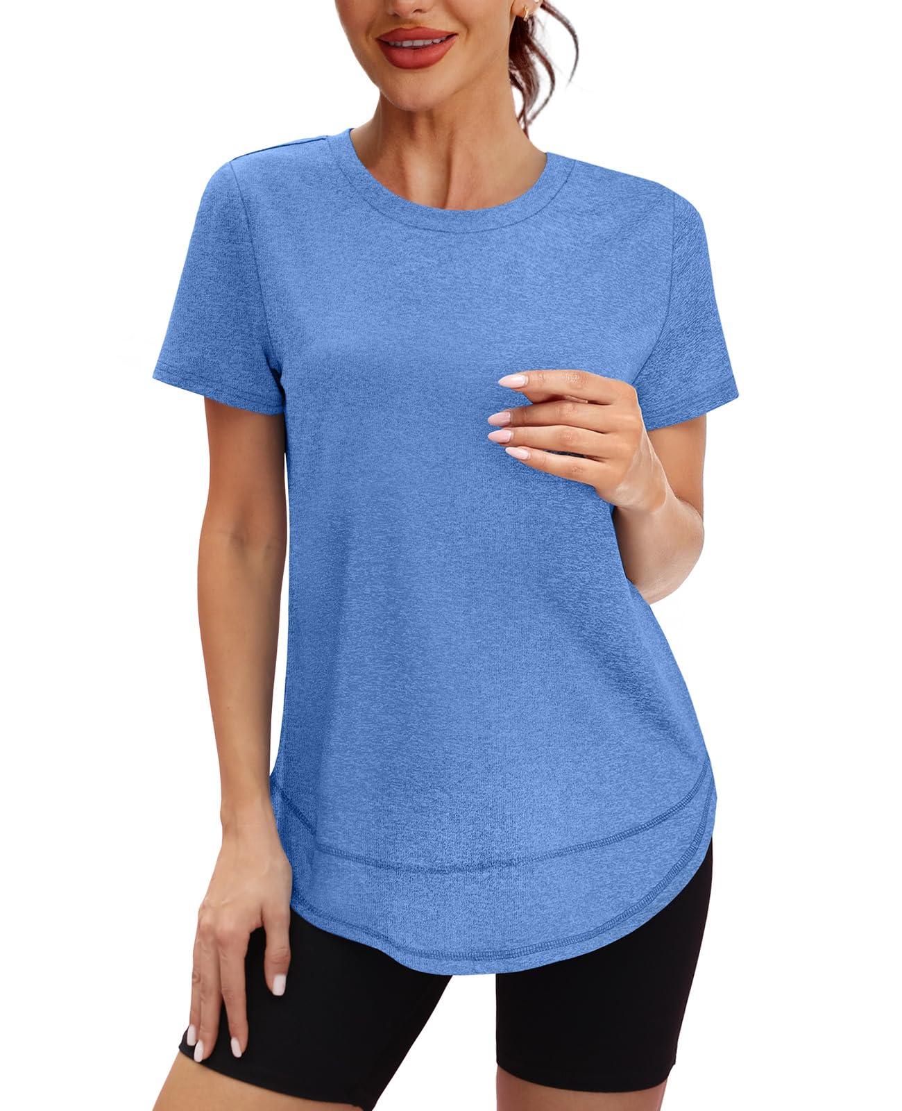 Summer Tops for Women 2026 Short Sleeve Workout Clothes Athletic Shirts Pilates Outfits Camisetas Deportivas para Mujer Blue L