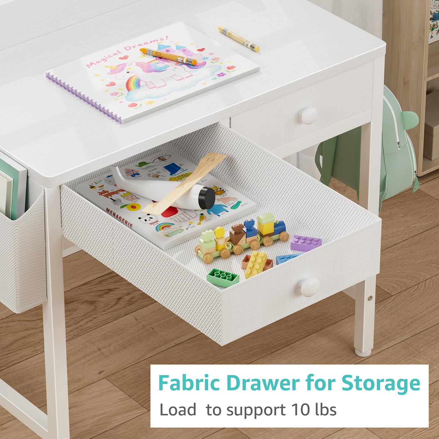 BOLUO White Kids Desk and Chair Set for 5-8 Year Old, Small Child Desk with Fabric Drawer, Children Study Table with Storage Toddler Girls Boys